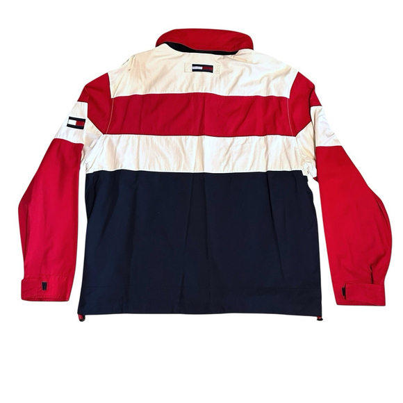 Tommy Hilfiger VTG Red Whit Blue Windbreaker Spell Out Y2K Large Hidden Hood - Picture 3 of 12
